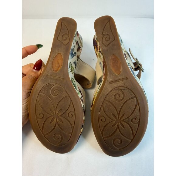 Born Wedge Sandal Womens Size 7M Off White Leather Floral Print Open Toe Shoes - Picture 10 of 12